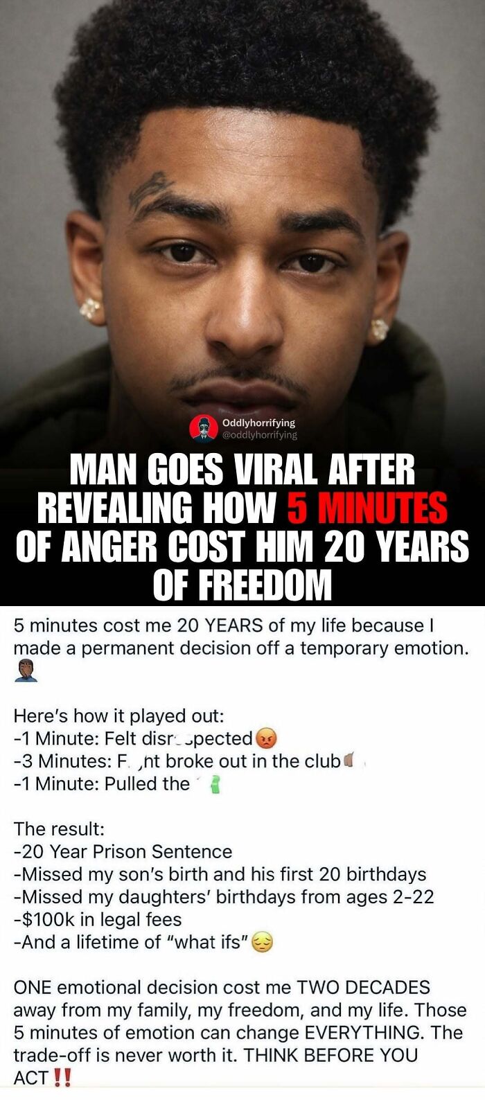 Unsettling story about a man whose anger cost him 20 years of freedom, highlighting dark and depressing stories.