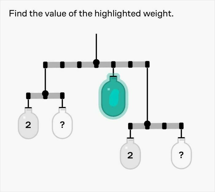 A brain puzzle image depicting a hanging weight scale with numbers and question marks, challenging viewers to solve it.