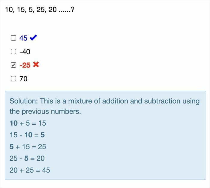 A numerical brain puzzle showing a sequence 10, 15, 5, 25, 20 with a solution revealing a pattern.