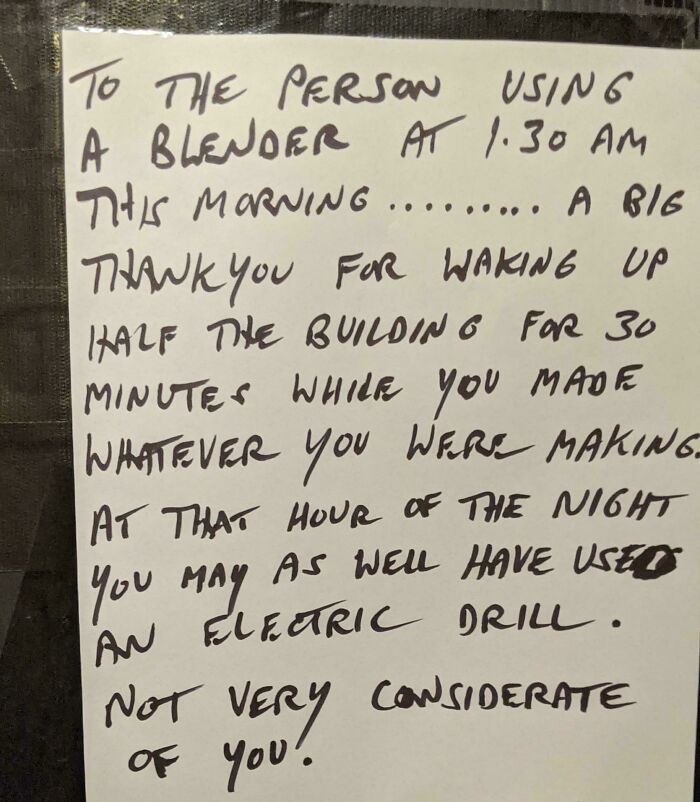 A funny neighbor note complaining about a blender at 1:30 AM, expressing frustration with the loud noise.