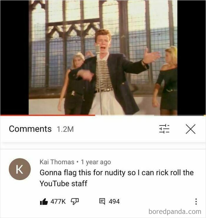 A Mad Lad attempting to rick roll YouTube staff by flagging Rick Astley's music video for nudity.