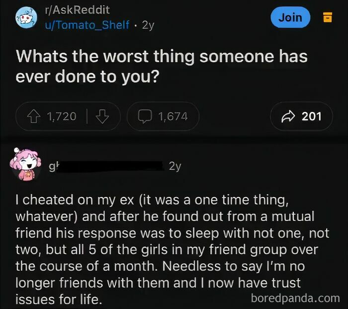 A Reddit thread from r/AskReddit, featuring a user's Mad Lad story of revenge from an ex, a personal challenge.