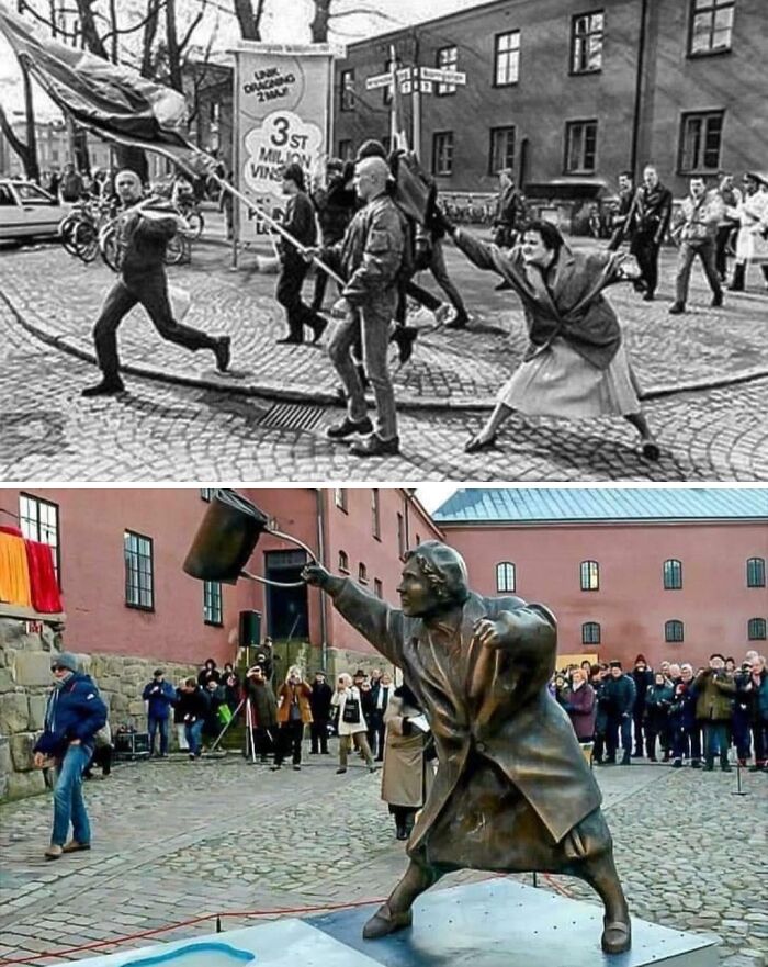 A black and white photo next to a color photo shows a Mad Lad woman swinging a purse at a man and then a statue of her.