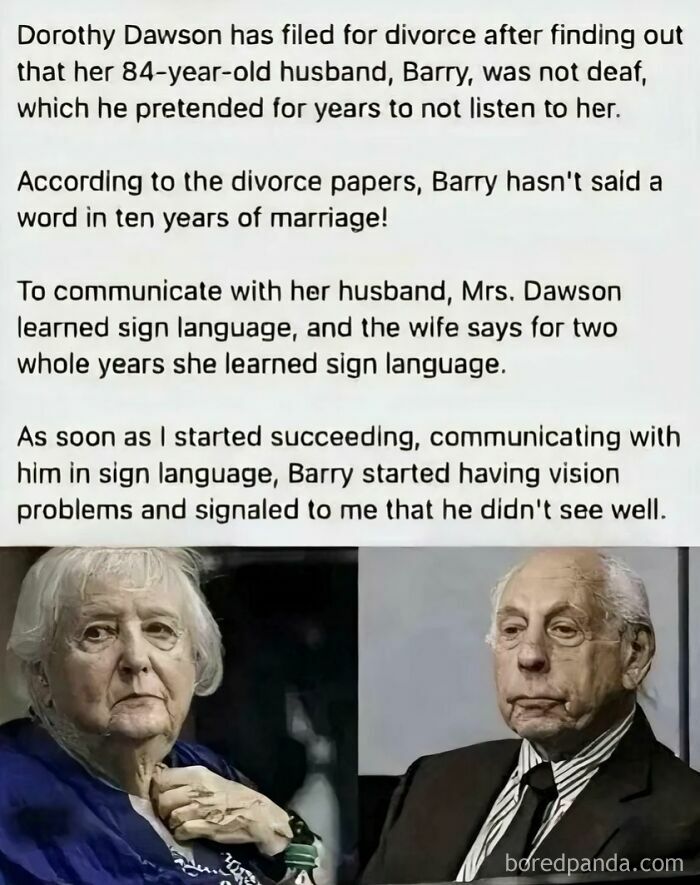 An image showing an older couple next to a text about a mad lad husband pretending to be deaf for years.