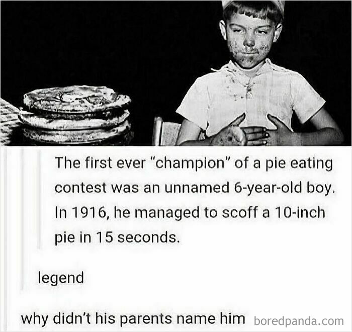 A black and white image of a young boy, a mad lad, who was the first pie-eating champion, challenging norms.