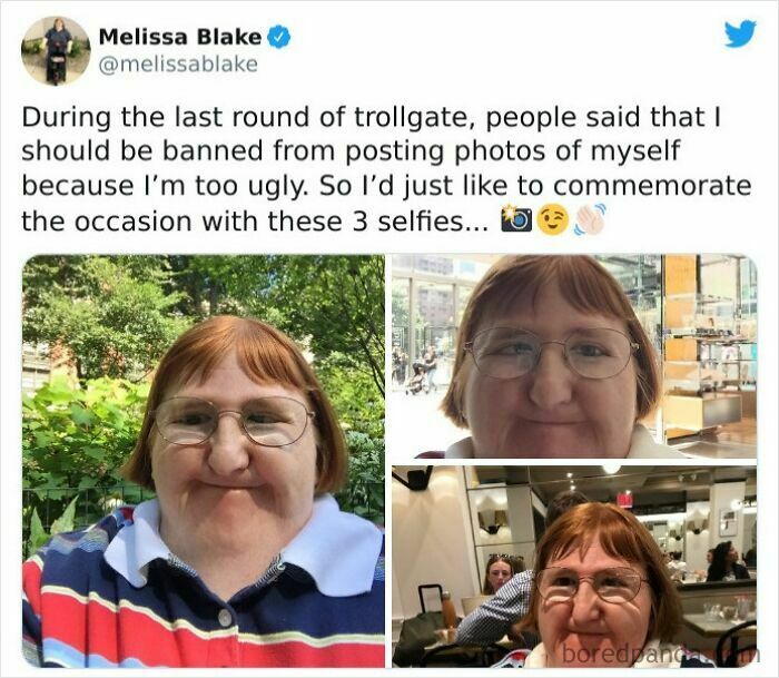A series of selfies by Melissa Blake, a mad lad who challenged online trolls by posting photos of herself.