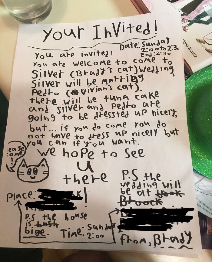A handwritten funny neighbors note inviting to a cat wedding for Silver and Pedto with tuna cake.