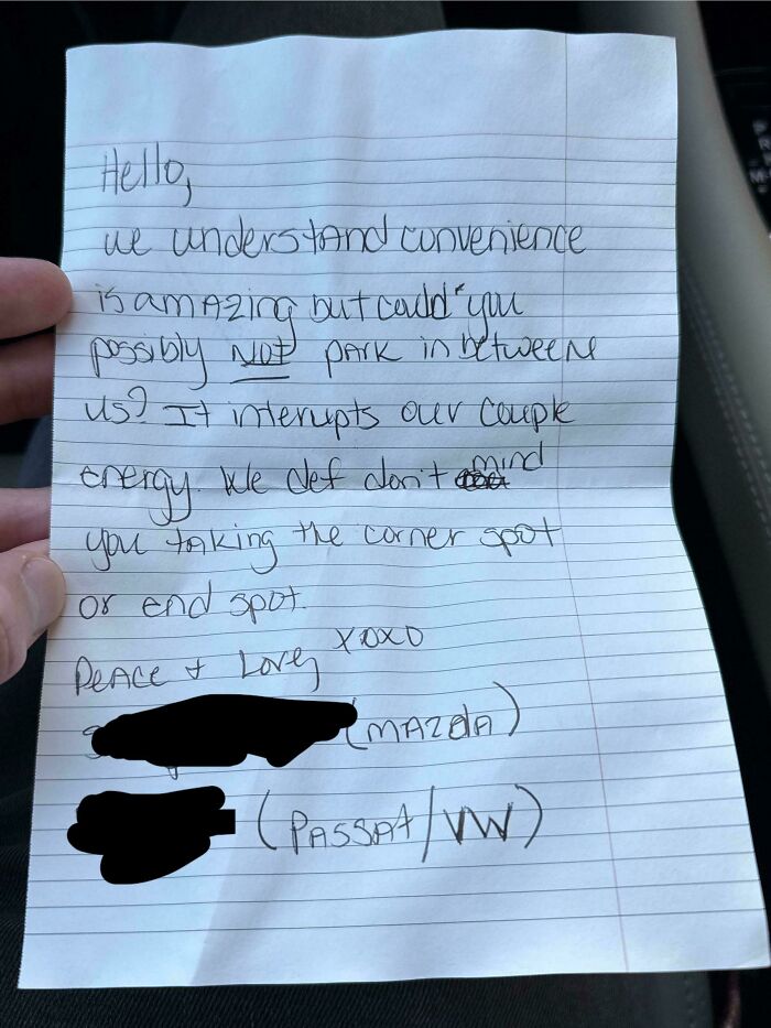 A handwritten funny neighbors note requesting a car not park between them, disrupting couple energy.