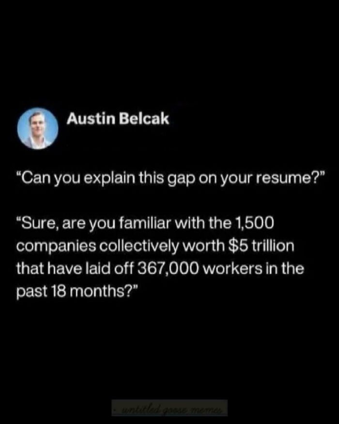A text conversation where a candidate explains a resume gap by mentioning mass layoffs, a common aspect of recruiting hell.
