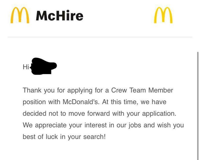 A rejection email from McDonald's for a Crew Team Member position, an example of recruiting hell.