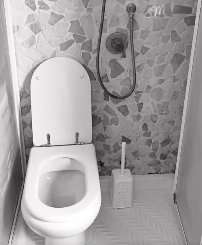 An unhinged real estate listing with a monochrome image of a toilet in a shower stall, creating an unusual bathroom setup.
