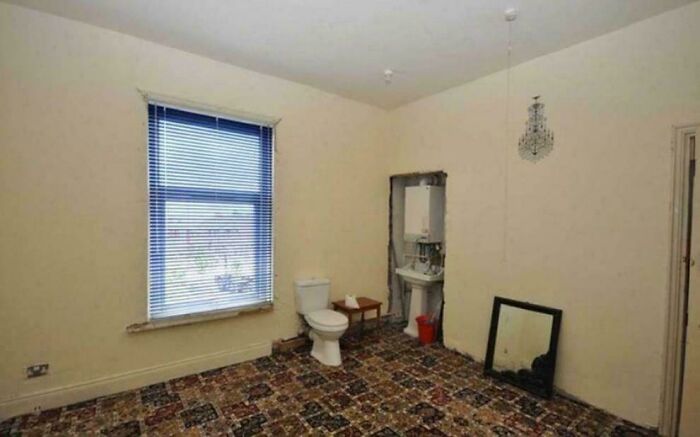 Unhinged real estate listing: a room with a toilet, sink, and water heater exposed in an adjacent cutout, with patterned carpet.