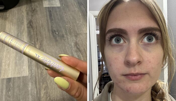 Woman holding Tarte Tartelette XL mascara and a close-up of her eyes with mascara, a Prime Day beauty deal.