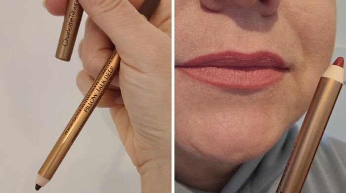 Charlotte Tilbury Pillow Talk Deep lip liner and a person's lips with the liner, a Prime Day beauty deal.