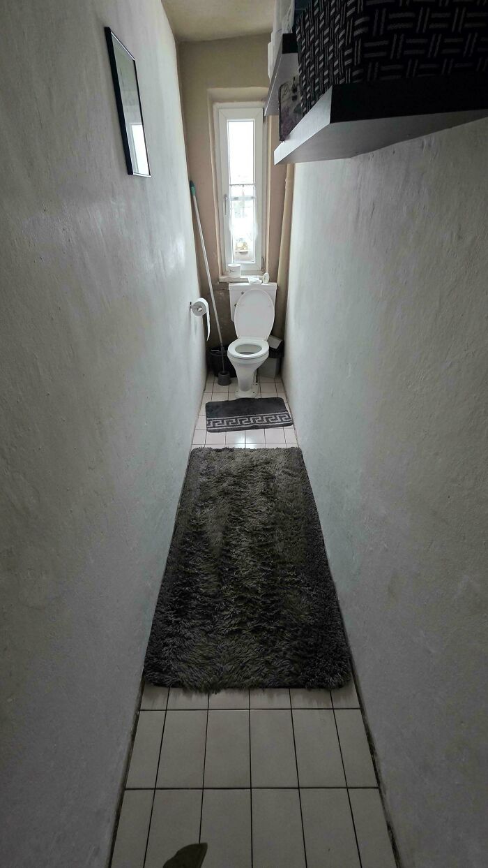 An unhinged real estate listing showing a very narrow, confined bathroom with a toilet at the far end and a long rug.