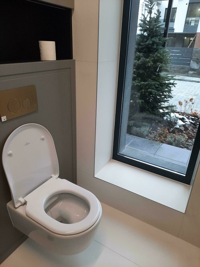A modern toilet by a large window overlooking a snowy landscape, a real estate listing that should come with a trigger warning.
