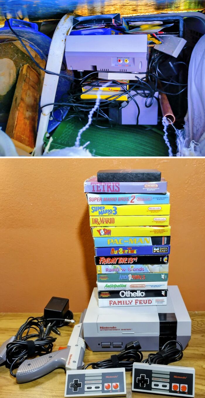 A NES console with controllers and a stack of classic Nintendo games found during dumpster diving.