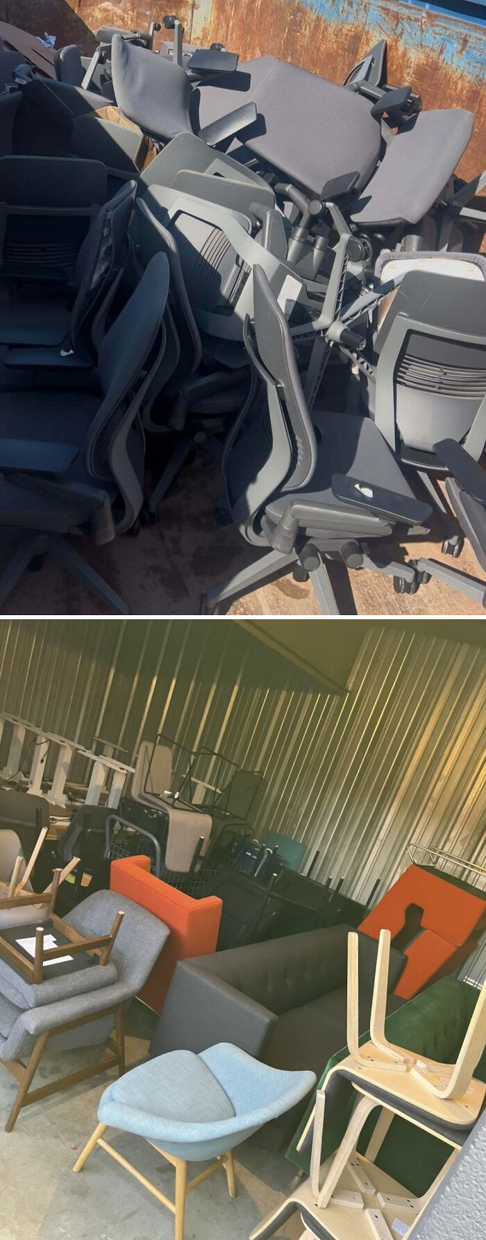 Piles of office chairs and furniture, a valuable discovery from dumpster diving.
