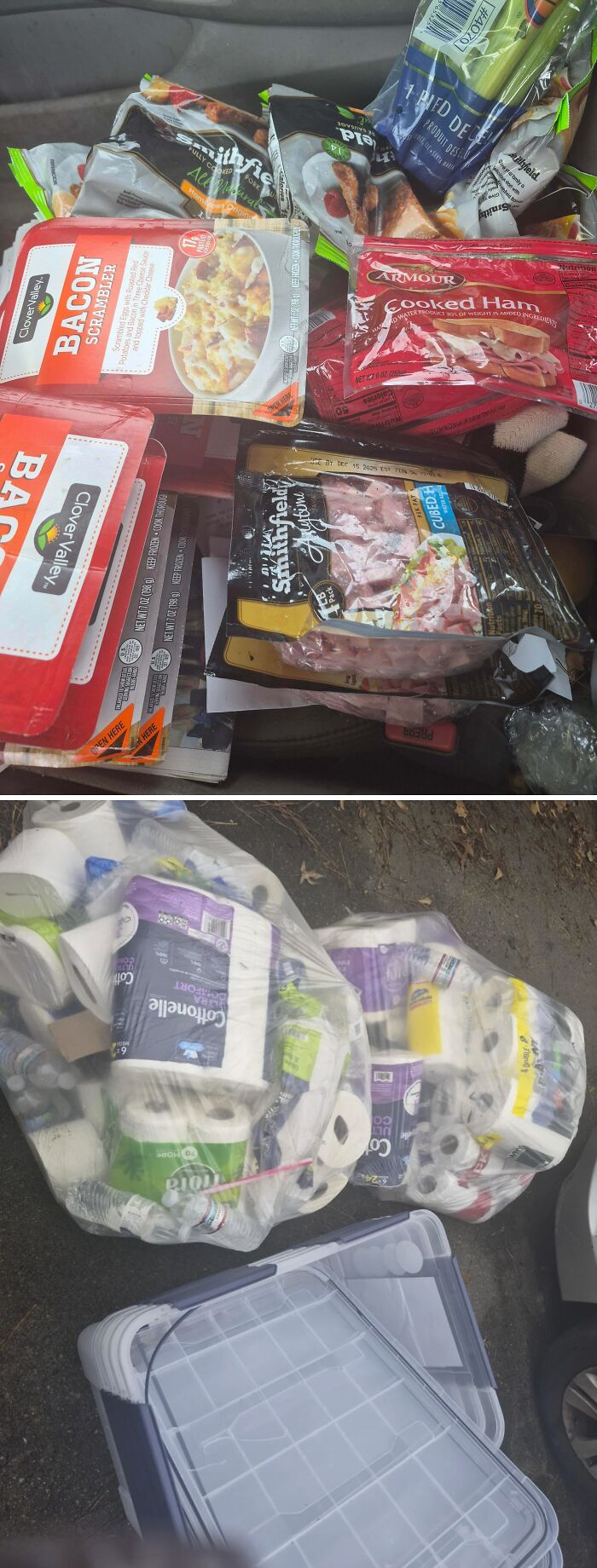 A car filled with various packaged foods like bacon and ham, along with bags of toilet paper and clear plastic containers, all found while dumpster diving.