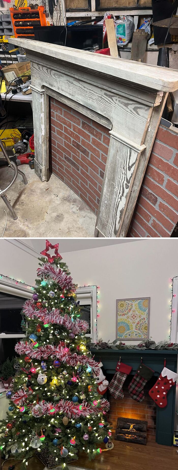 A two-part image showing a salvaged wooden fireplace mantle before and after being installed with Christmas decorations, a lucky dumpster diving find.