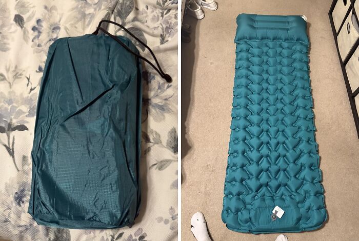 Portable teal sleeping pad, compressed and unrolled, for outdoor and backyard summer comfort.