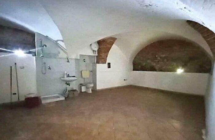 An unhinged real estate listing showing a large, empty room with arched brick ceilings, a sink, and a toilet against a white wall.