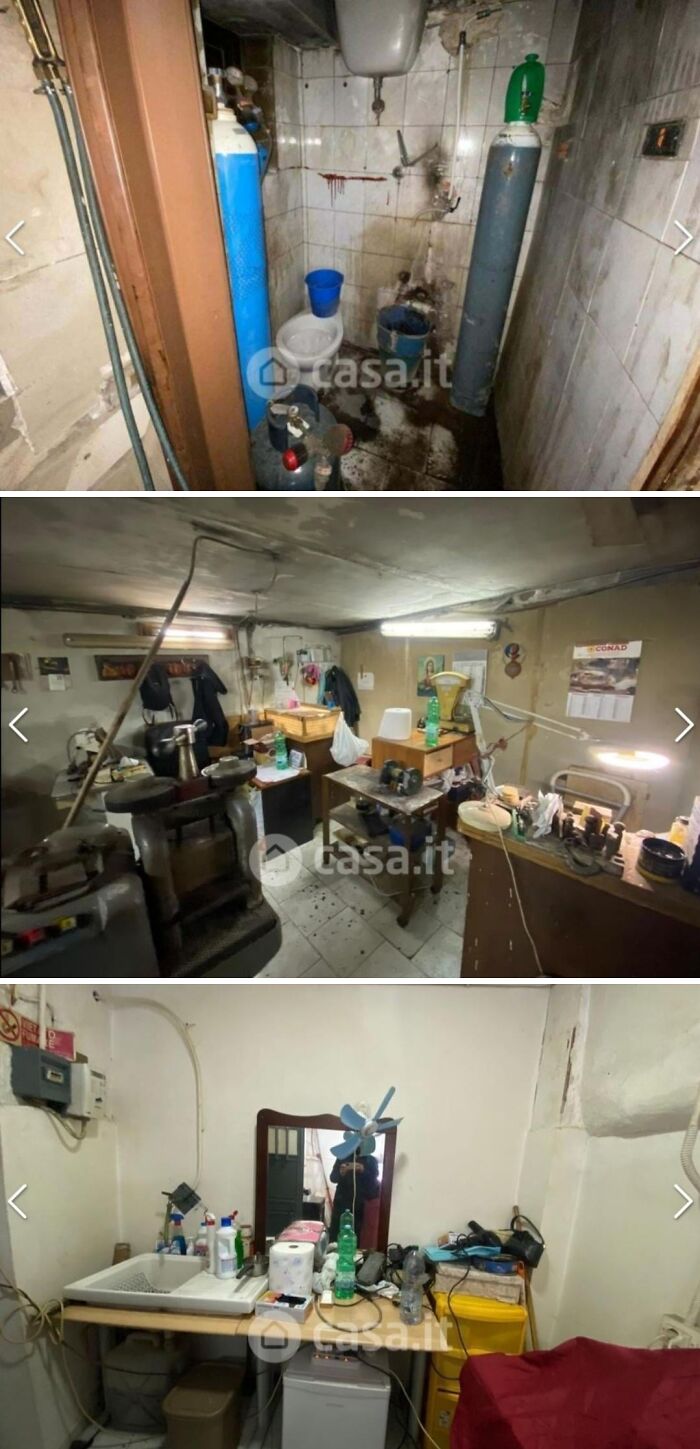 Three images showing different views of an unhinged real estate listing's interior, including a dirty bathroom and cluttered rooms.