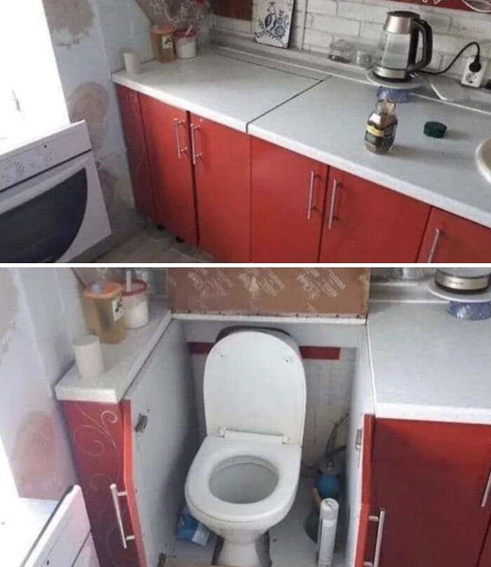 Unhinged real estate listings featuring a bizarre kitchen with a toilet installed directly into the counter, needing a trigger warning.