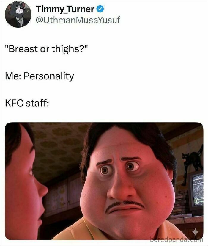 A hilarious meme showing a shocked man, representing a KFC staff member reacting to a customer's preference for personality over breast or thighs, helping to stay sane.