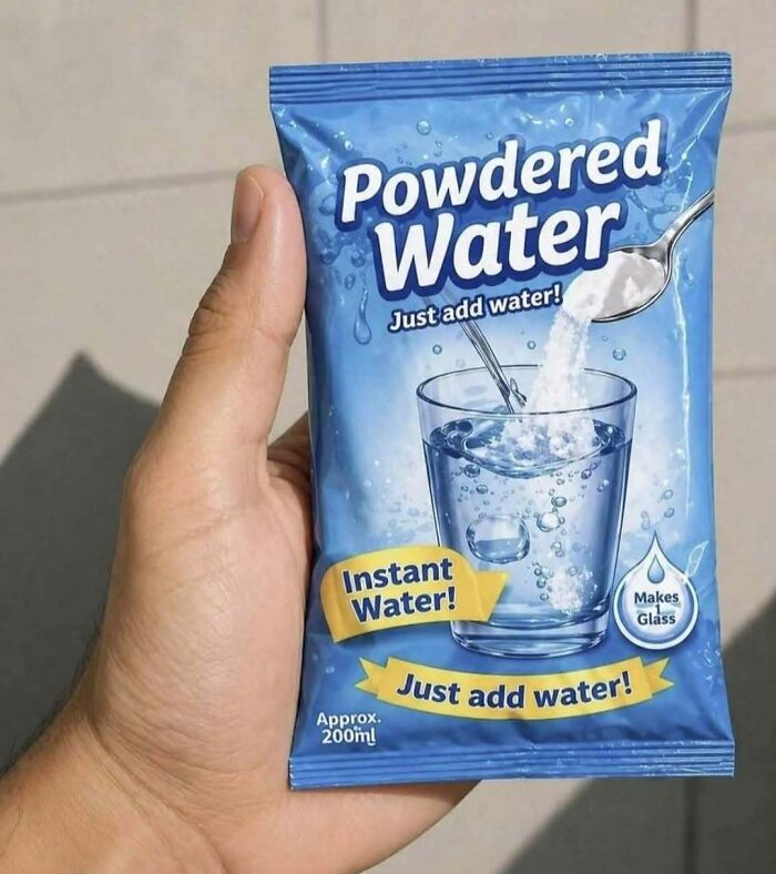 A hand holding a packet of Powdered Water, a hilarious meme for staying sane in this crazy world.