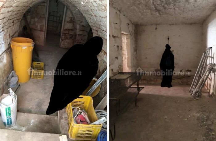 Unhinged real estate listings with dark, shadowy figures in a creepy, empty room, evoking a trigger warning.
