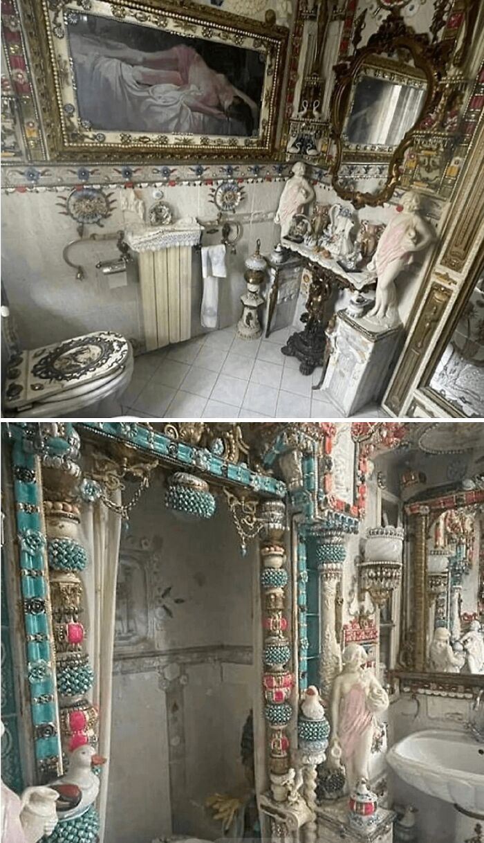 An unhinged real estate listing featuring a highly decorative, ornate bathroom with numerous statues and mosaics.