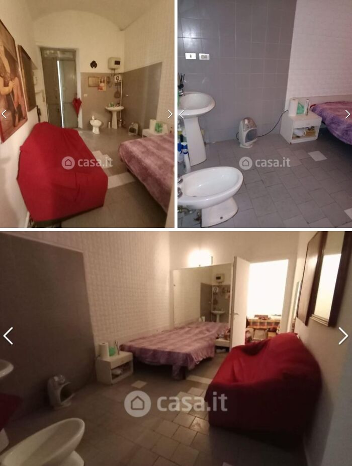 An unhinged real estate listing collage showing various rooms with unusual layouts, including a bed next to a bidet.