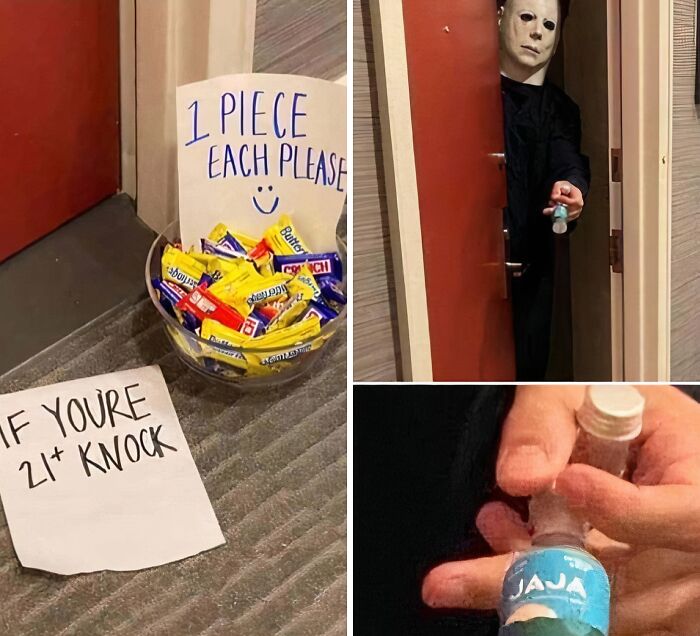 A collection of funny neighbors notes, including a Halloween candy setup with a 21+ knock sign.