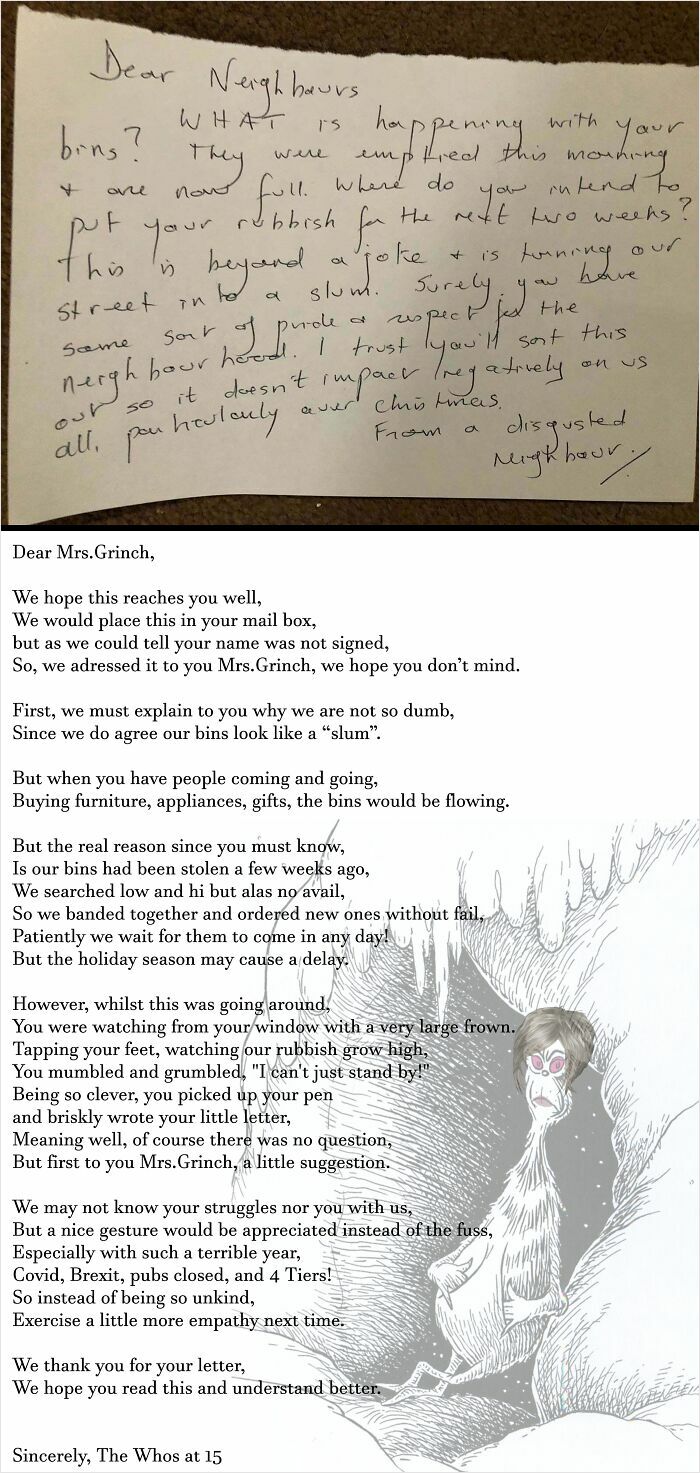 A funny neighbors note about overflowing bins, followed by a detailed, Grinch-themed response.