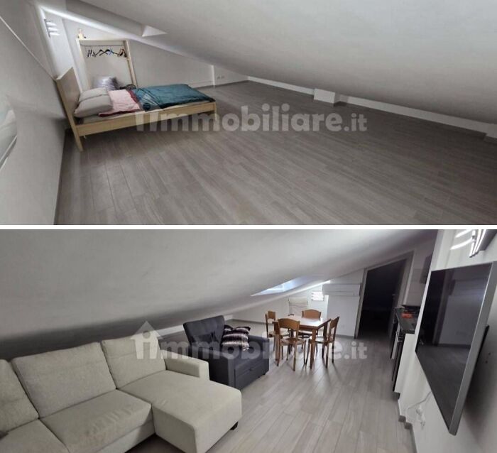 An unhinged real estate listing featuring two photos of an attic room, one with a bed and the other with a sofa and dining table.