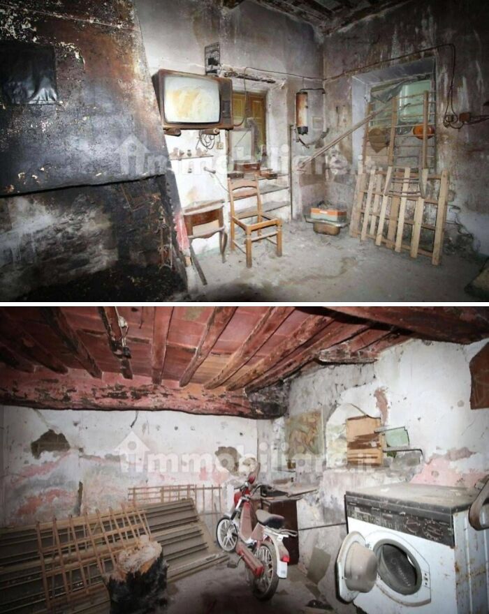 A top-down shot of unhinged real estate listings showing a room with extremely dirty walls, a fireplace, old TV, and a chair.