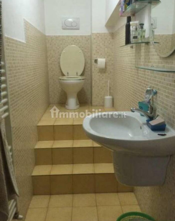 An unhinged real estate listing shows a very small bathroom with a toilet at the top of several steps.