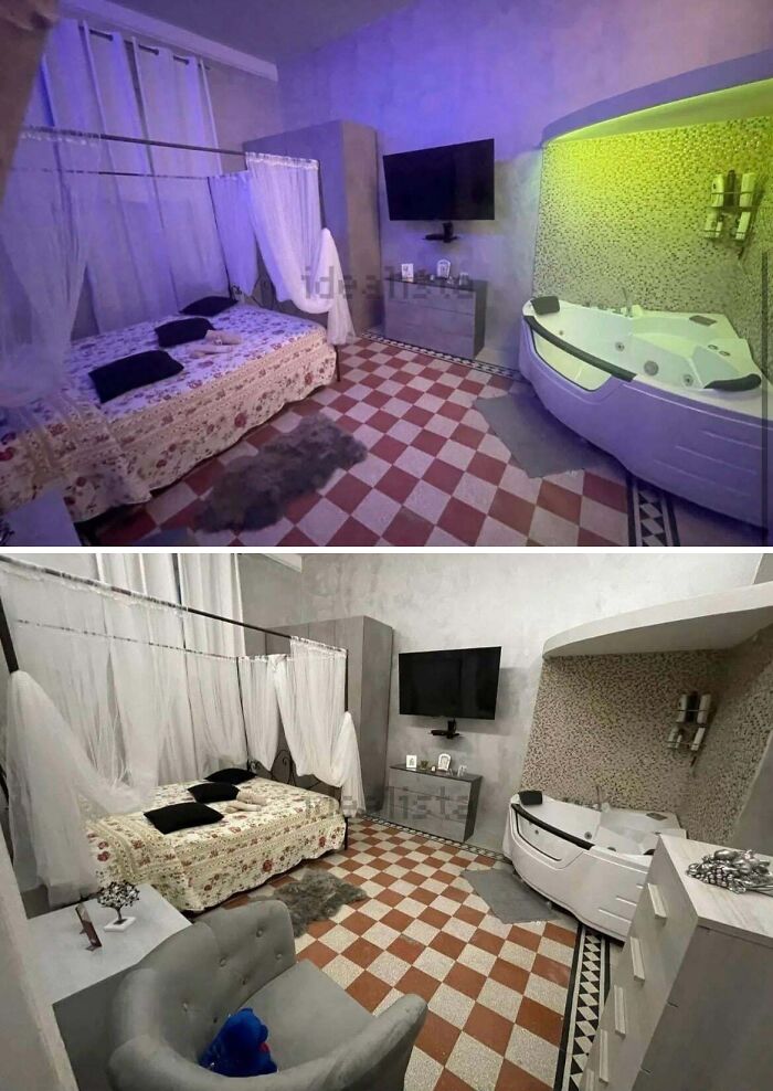 A real estate listing shows a bedroom with a bed, TV, and an unhinged jacuzzi with unusual lighting.