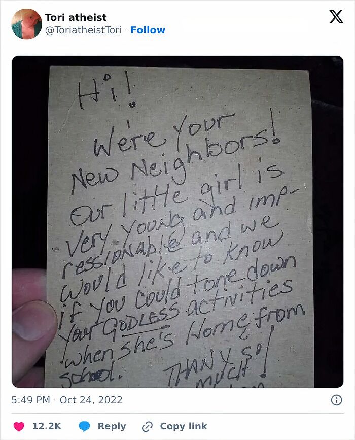 A handwritten funny neighbors note from new neighbors asking to tone down activities for their little girl.