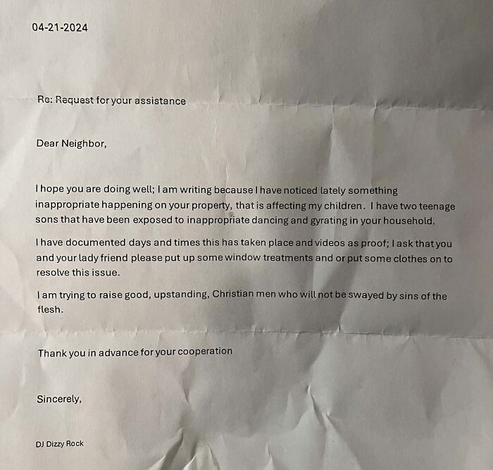 A typed funny neighbors note from a neighbor complaining about inappropriate dancing and gyrating.