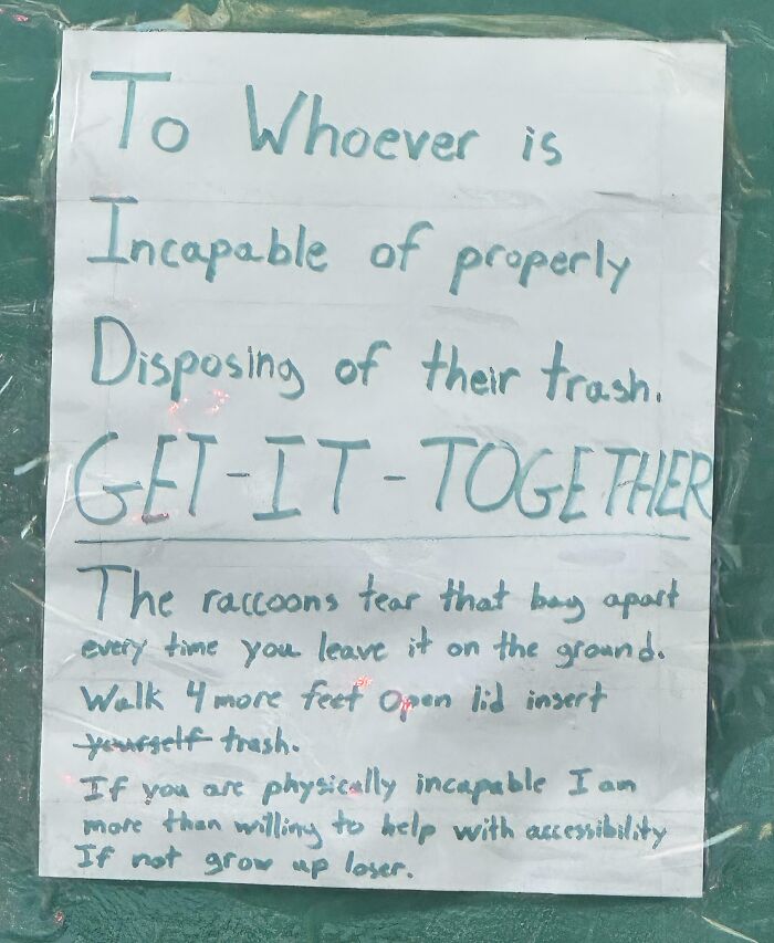 A funny neighbors note about disposing trash, threatening to call police on those who litter.