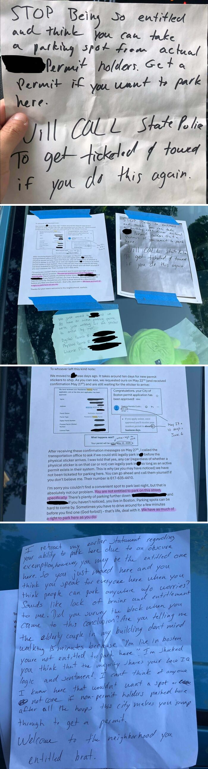 A collection of funny neighbors notes regarding parking complaints and permits.
