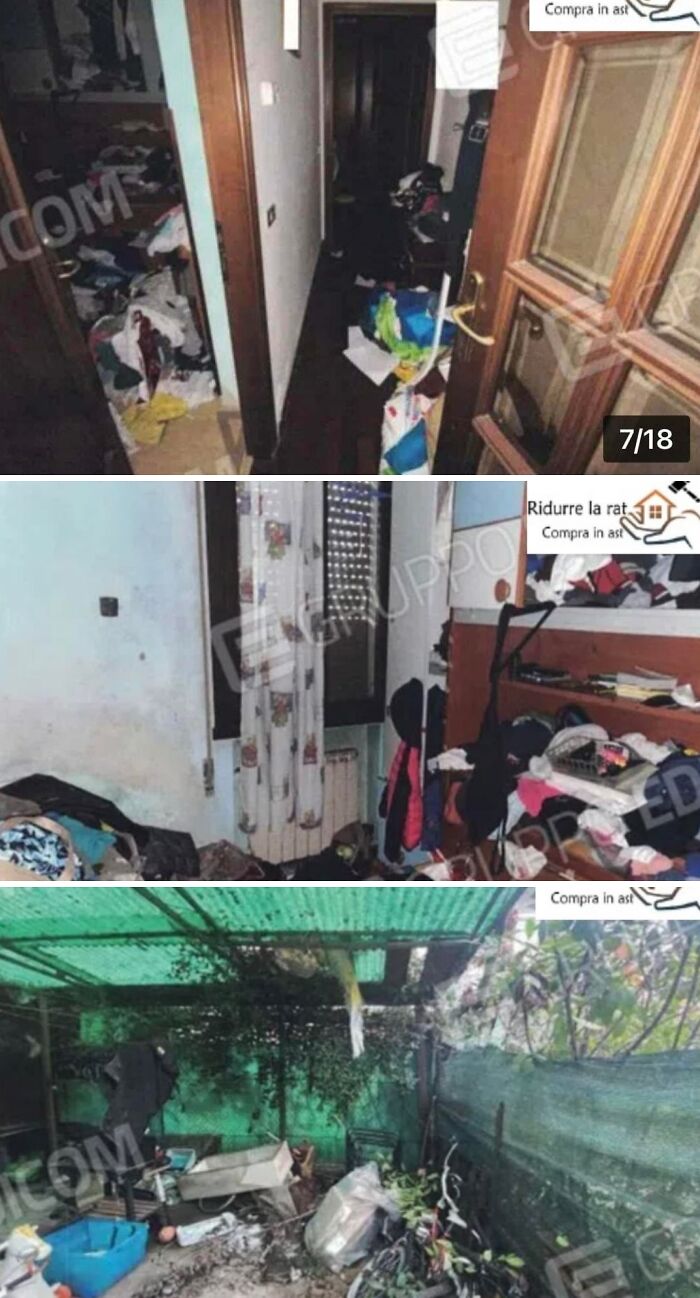 Three unhinged real estate listing photos: a messy hallway, a cluttered room, and a trash-filled outdoor area.