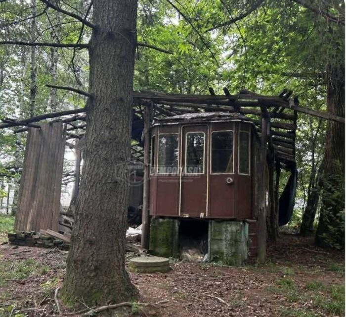 Unhinged real estate listing: a dilapidated, rustic structure in a forest with a collapsed wooden roof and an old cabin on concrete supports.