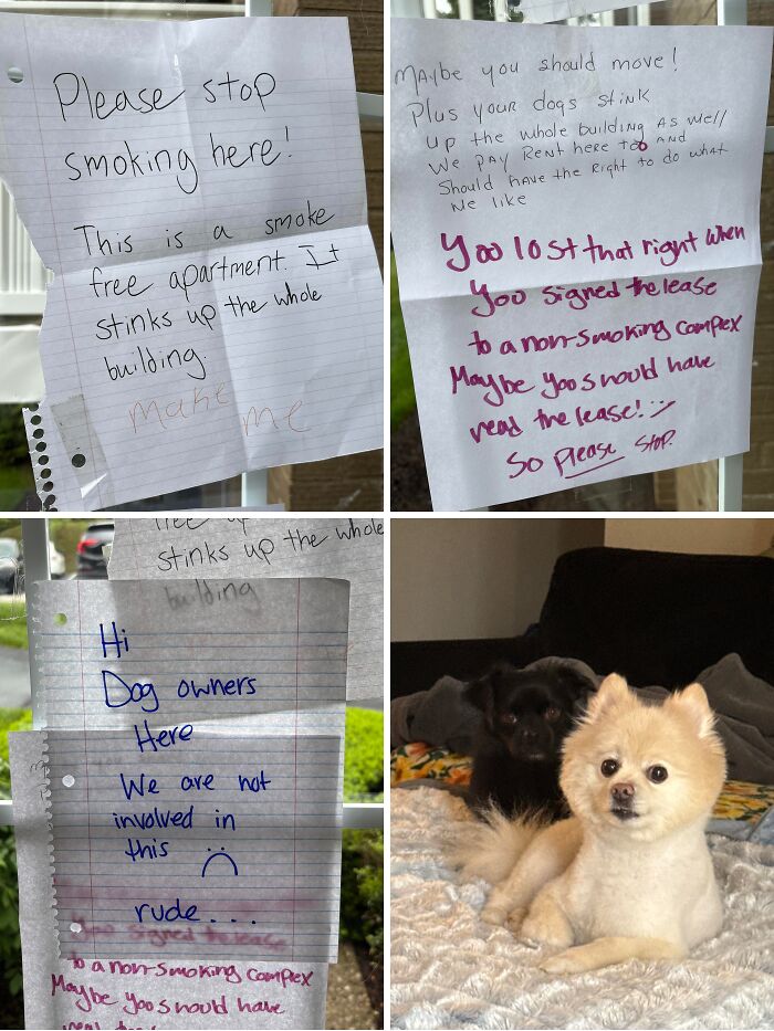 A collage of funny neighbor notes about smoking and dog odors, showing escalating apartment disputes.
