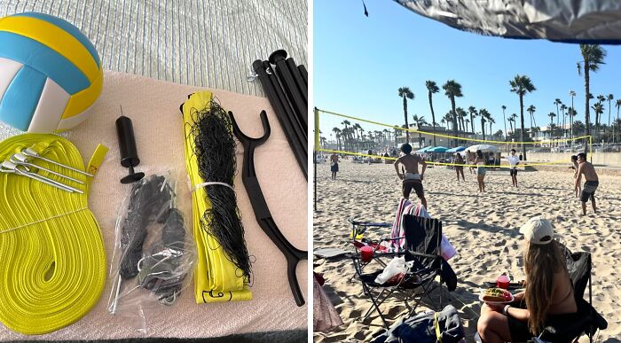 Prime Day outdoor and backyard essentials for summer, including a volleyball net set and people playing on a beach.