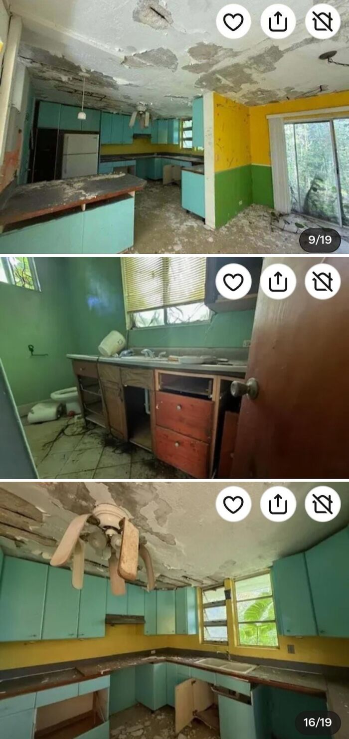 Unhinged real estate listing: a series of three images showing a heavily damaged and dirty kitchen with peeling paint and debris.