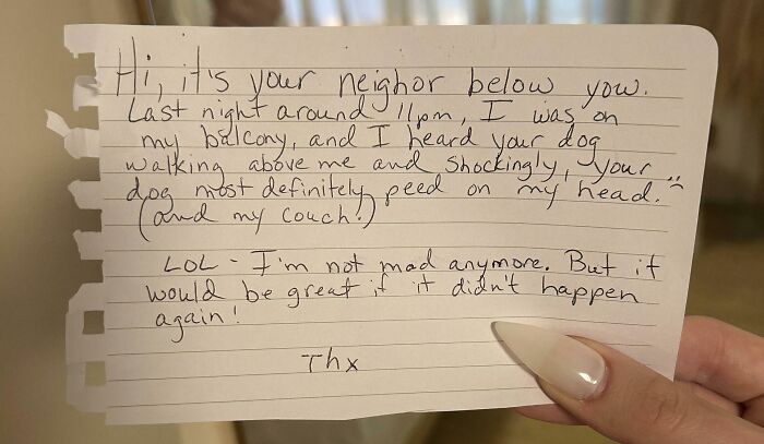 A funny neighbor note from a downstairs neighbor about a dog peeing on their head and couch from the balcony.