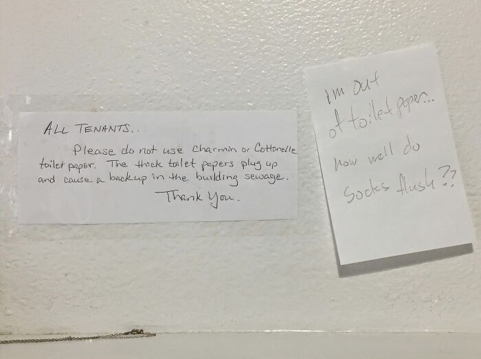 Funny neighbors notes with two signs: one about not using thick toilet paper, and another asking how well socks flush.